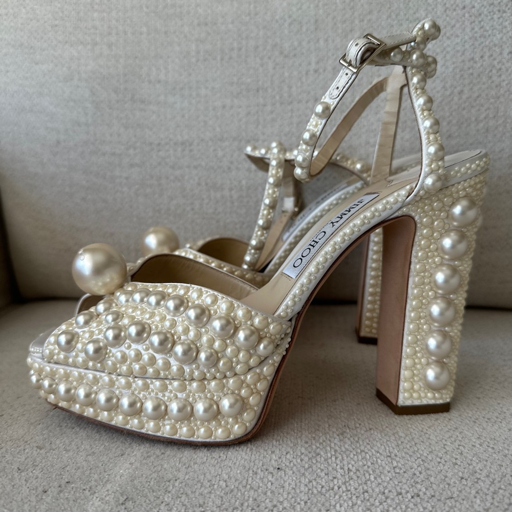 Jimmy Choo Pearl Embellished Cream Heels (Sacaria Platform 120)